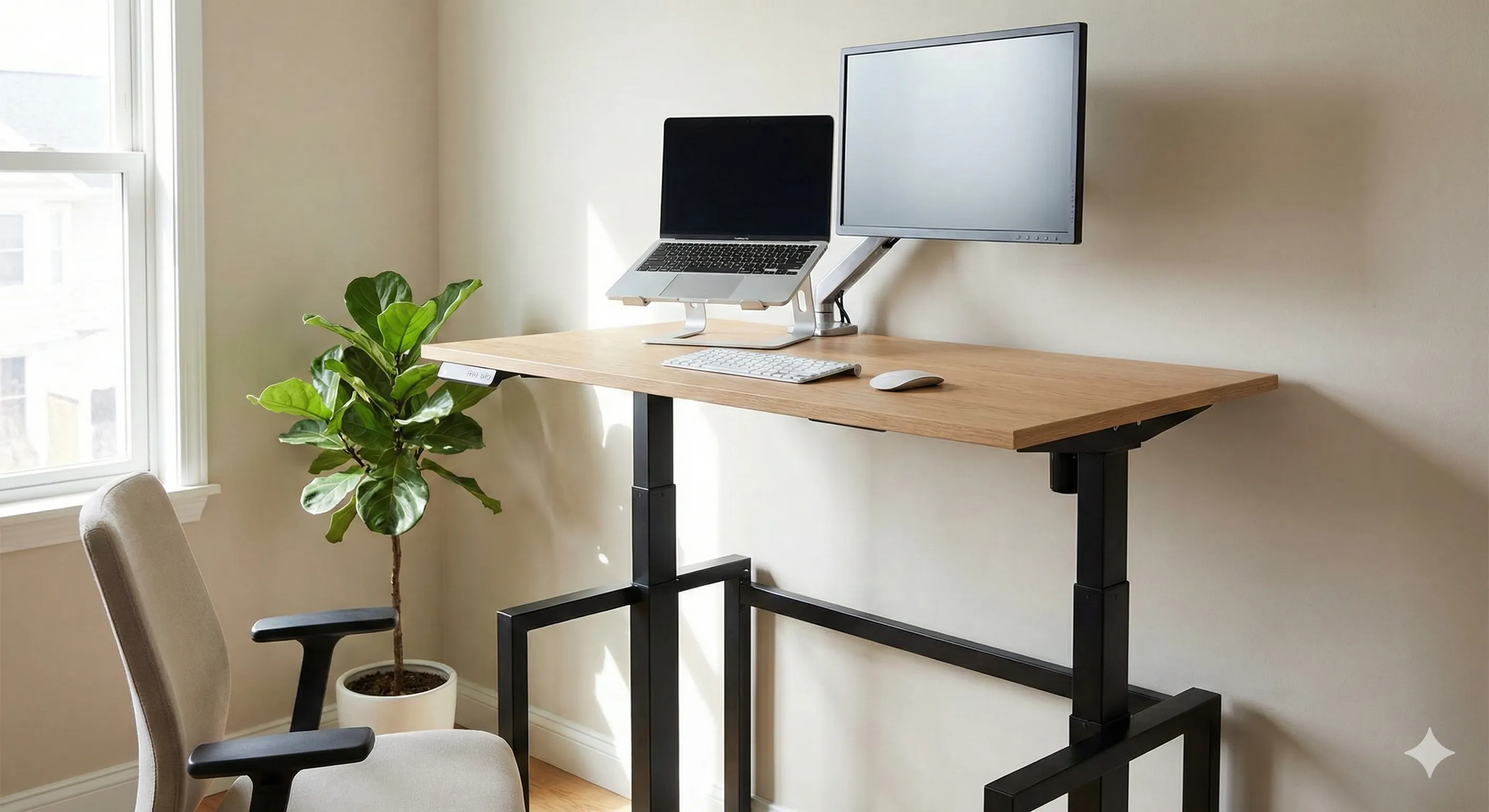 Height-adjustable standing desk set up for comfortable standing work