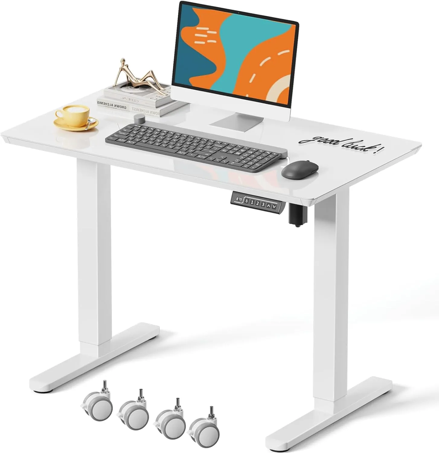 JOY worker small glass standing desk with a compact footprint and rolling base