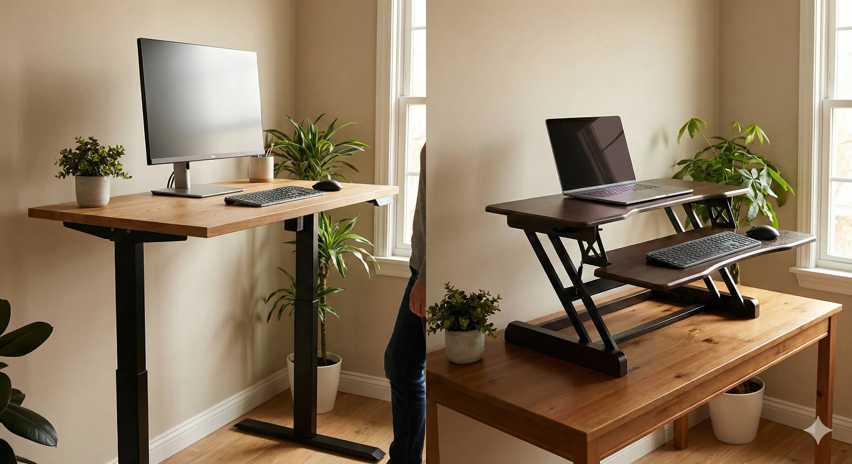 Comparison of a height-adjustable standing desk and a desk converter on a standard desk