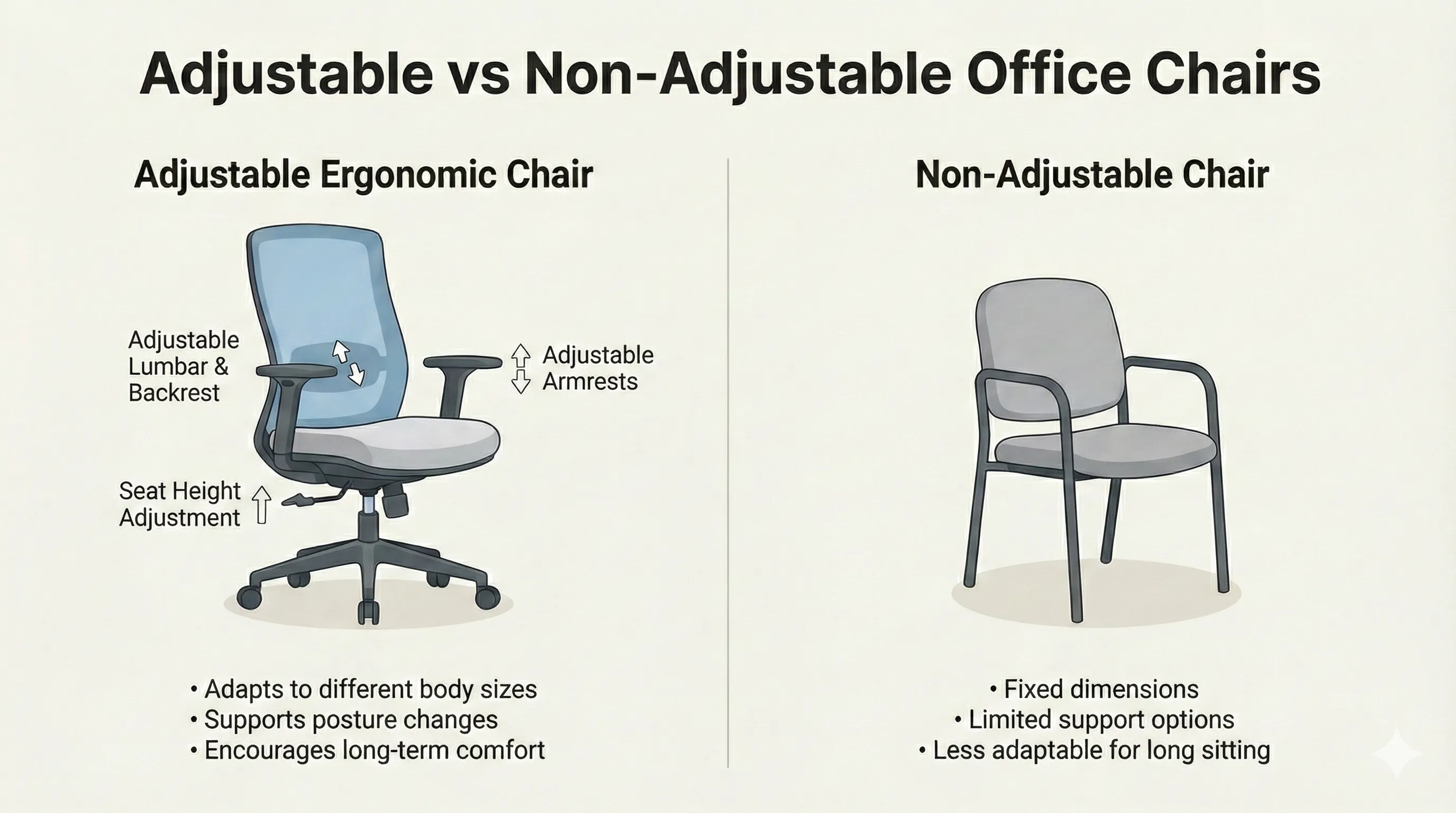 Comparison between an adjustable ergonomic chair and a basic fixed chair.
