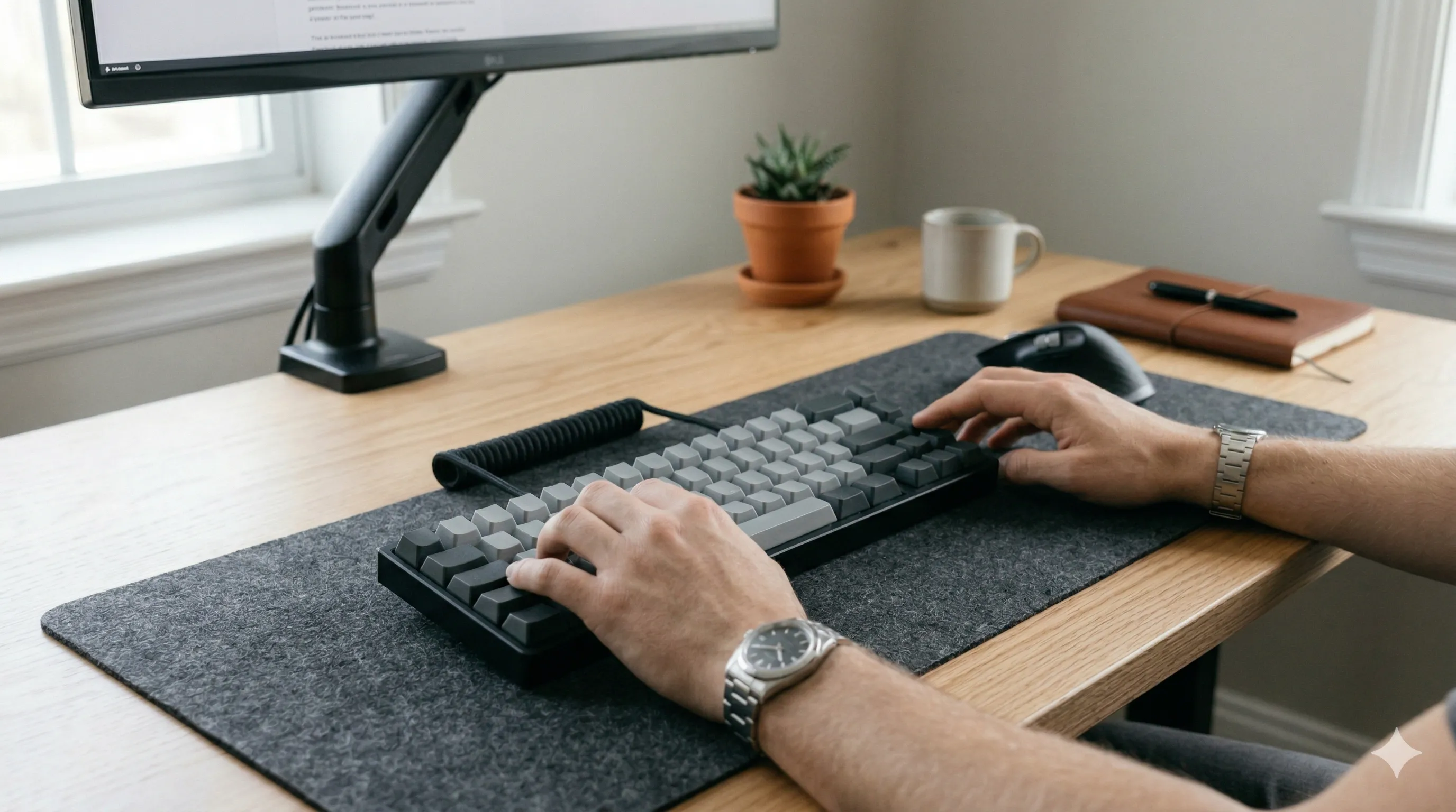 Compact keyboard without number pad allowing mouse to be positioned closer to the body