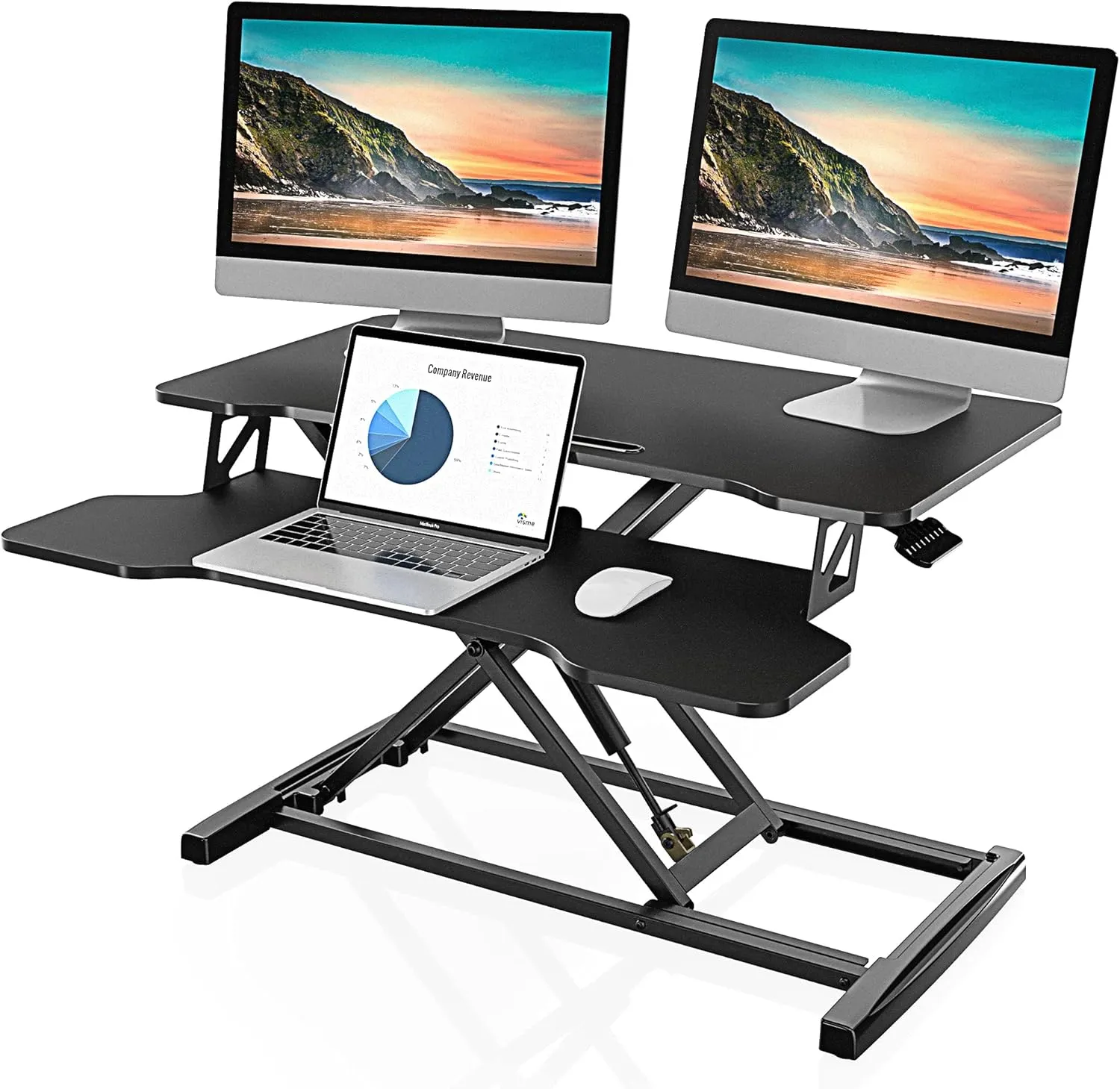 FITUEYES height-adjustable desk converter on a standard desk with dual displays