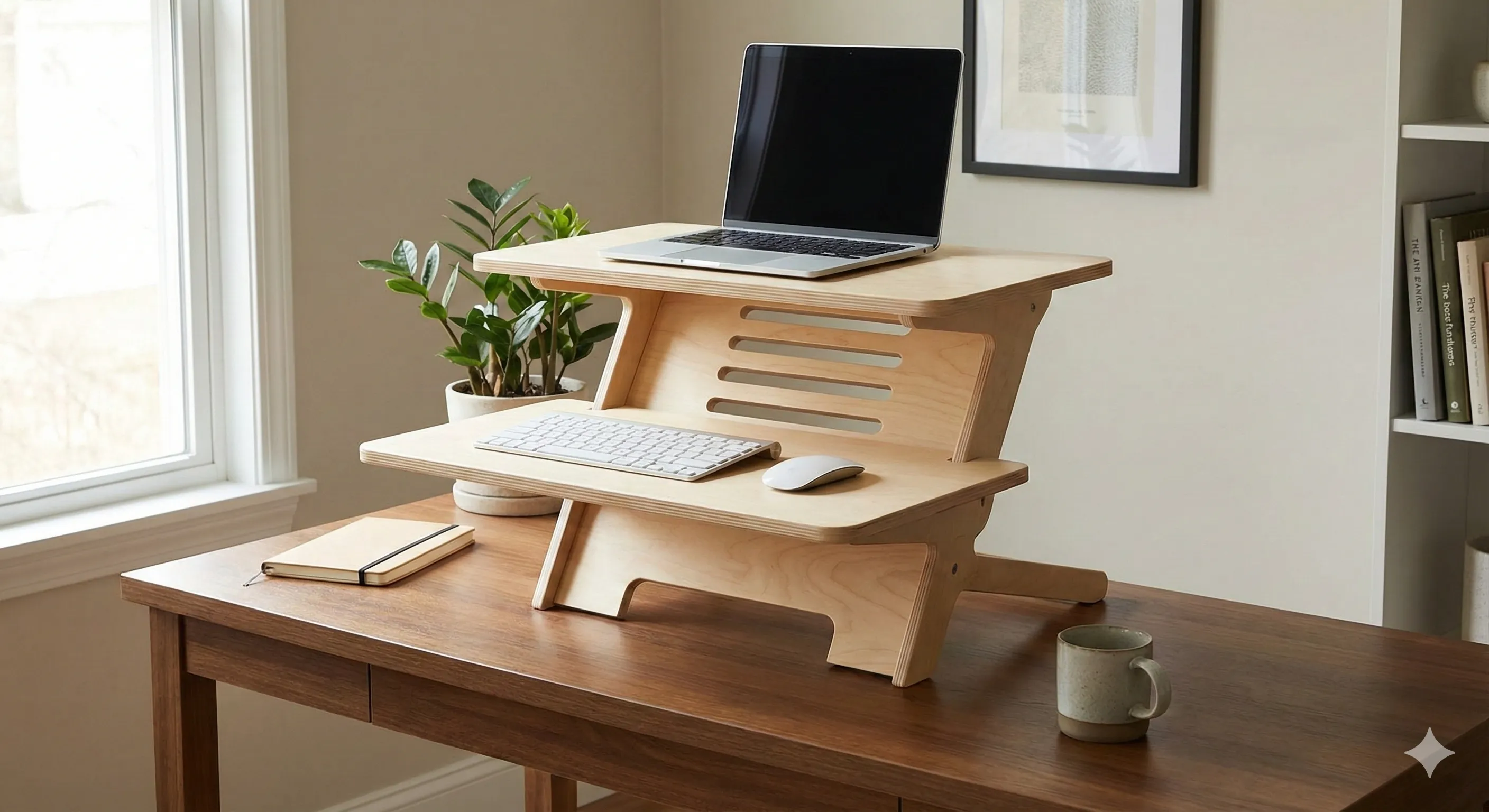 Desk converter placed on top of a standard desk with a raised laptop and separate keyboard platform