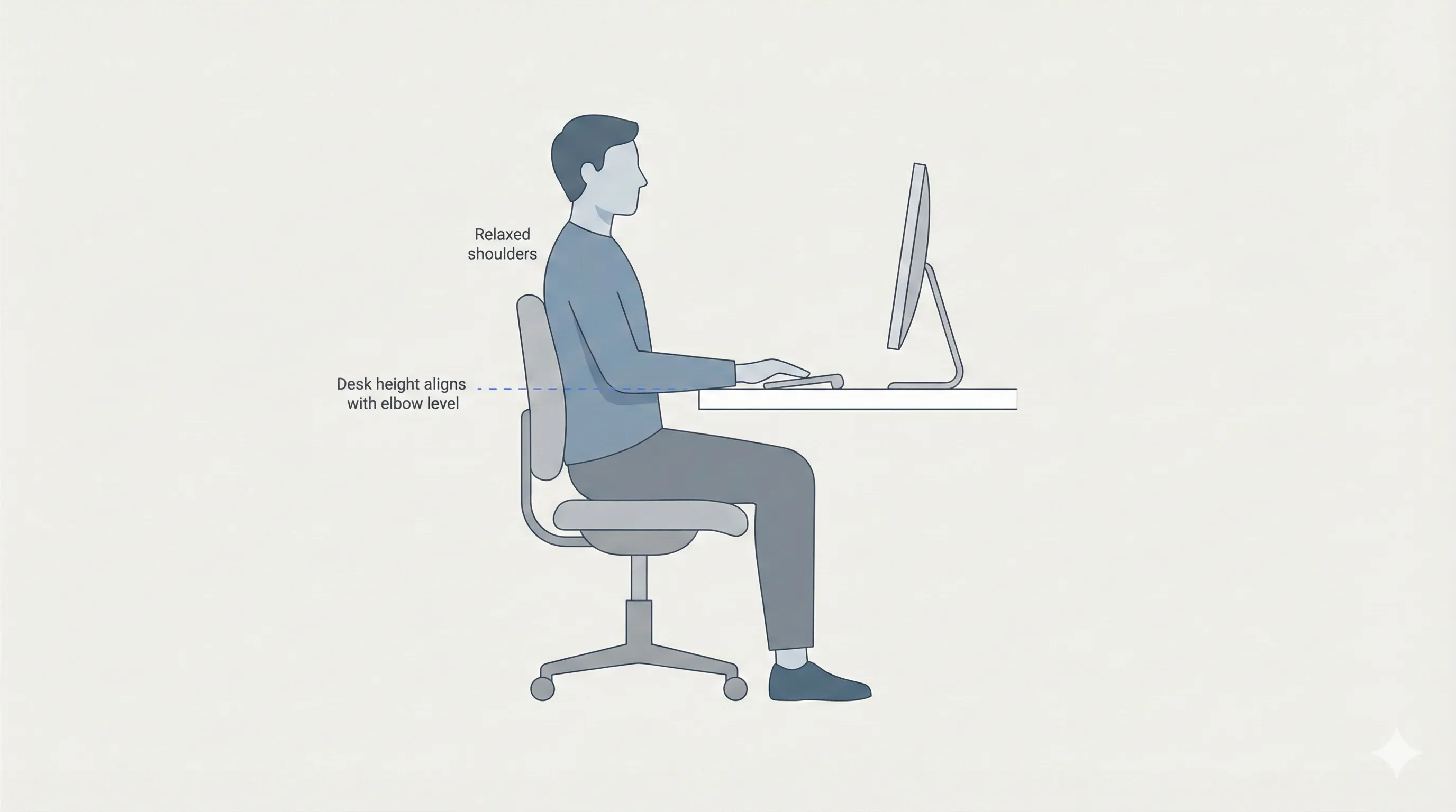 Diagram showing correct desk height aligned with seated elbow level and relaxed shoulders