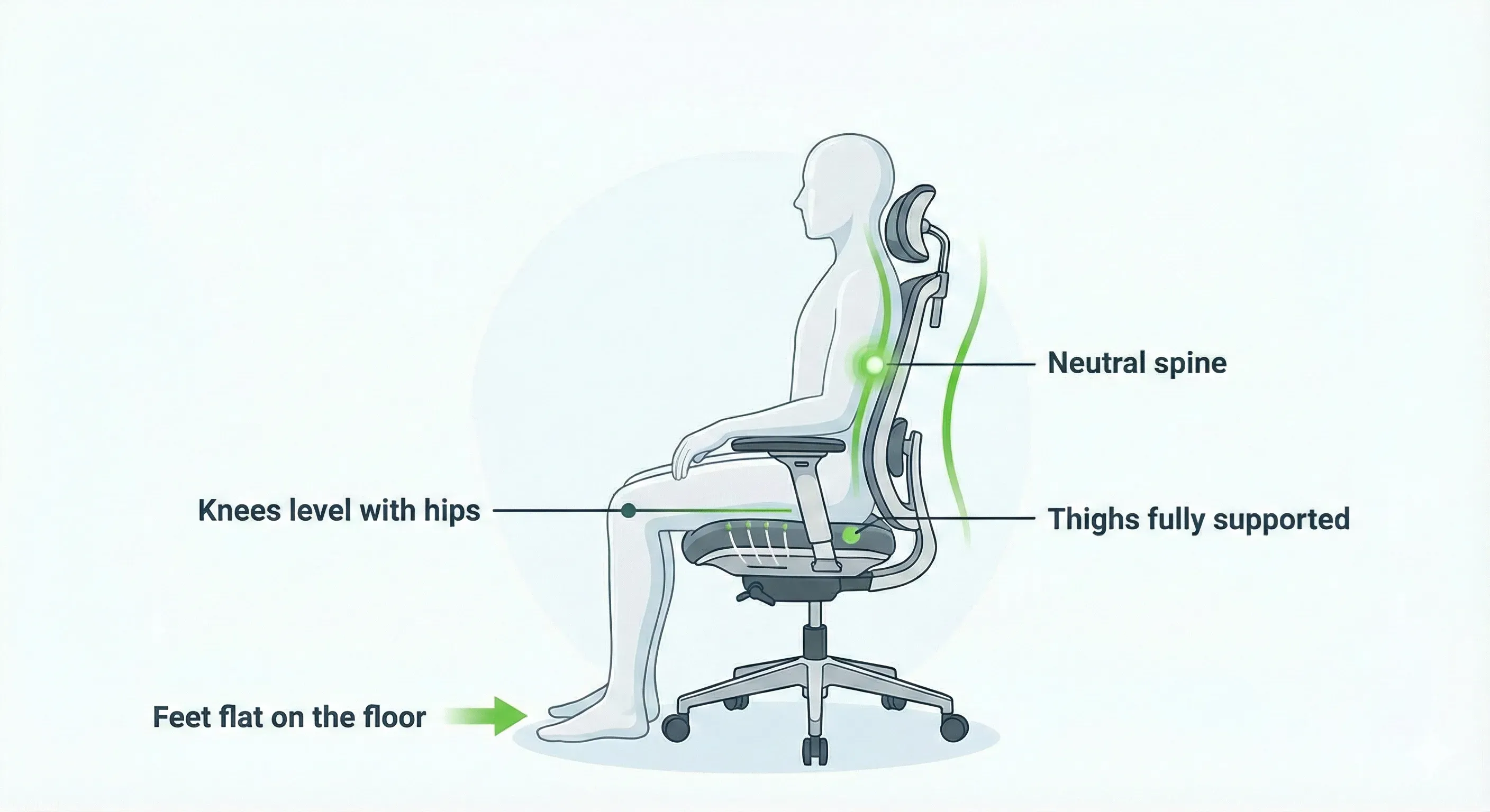 Diagram showing correct seated posture with feet flat on the floor, knees level with hips, thighs supported, and a neutral spine