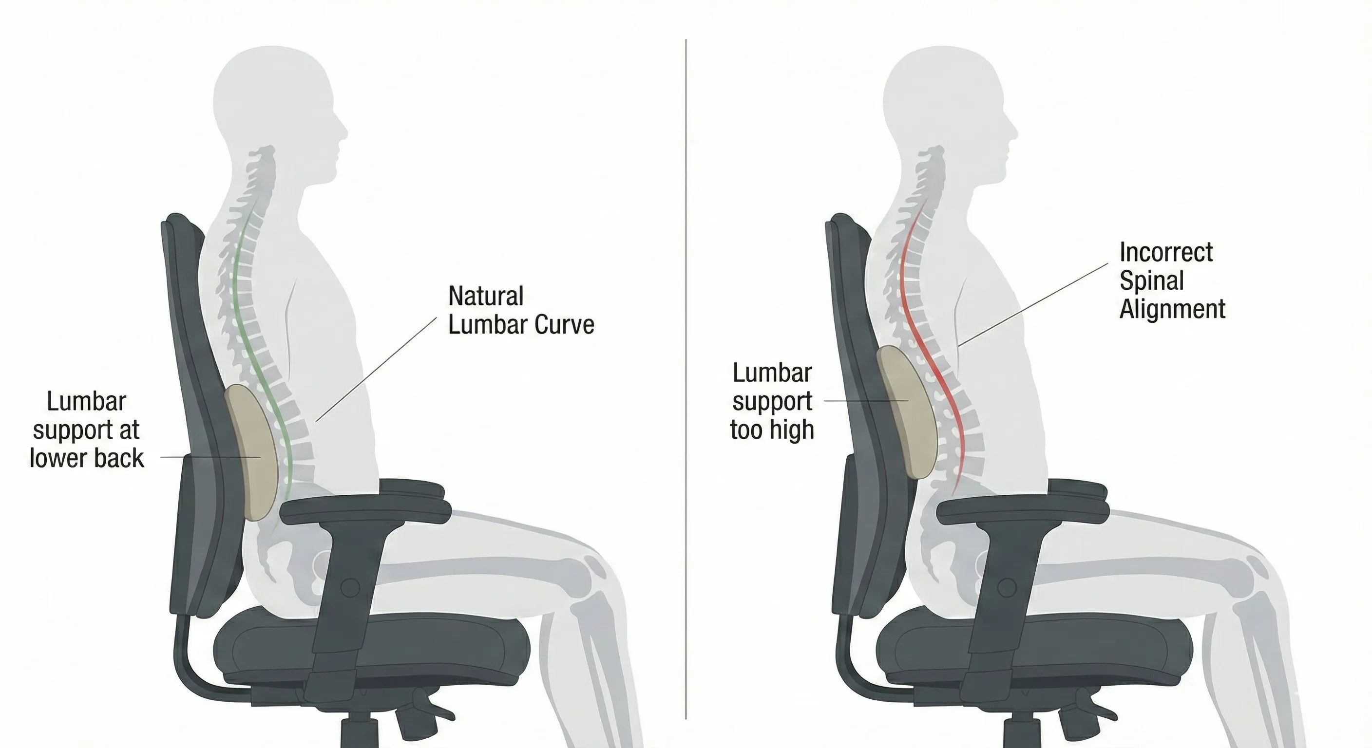 Side-by-side diagram showing correct and incorrect lumbar support placement in an office chair