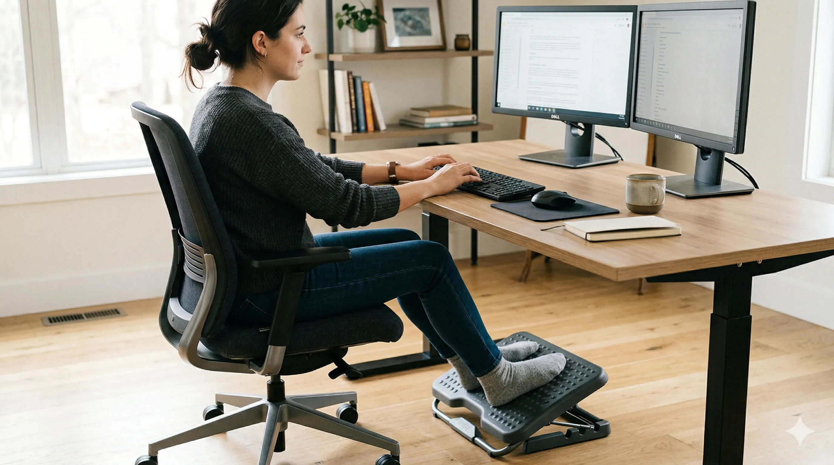 Person sitting at a desk using a footrest with relaxed posture and supported feet