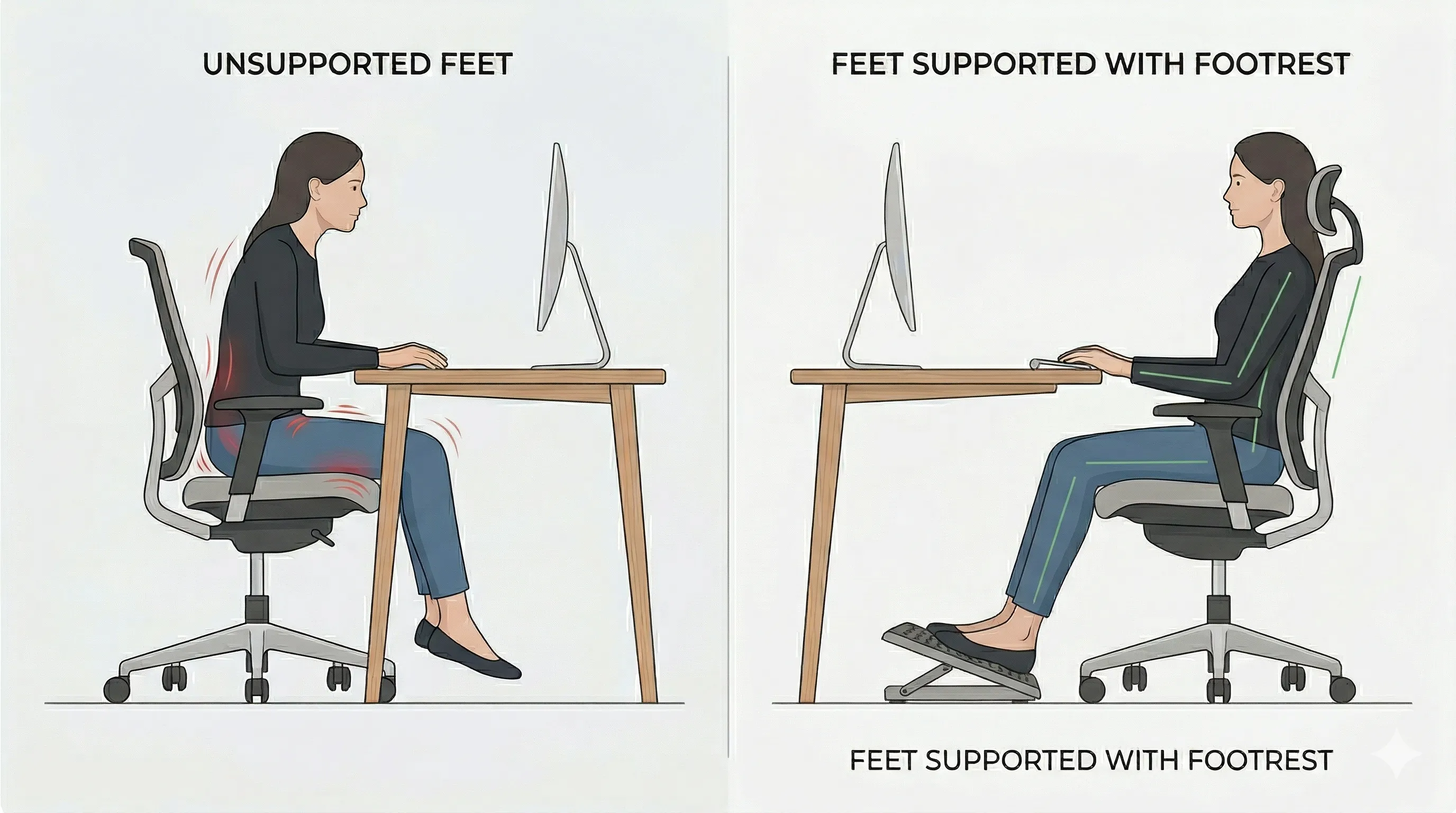 Comparison showing unsupported feet hanging versus feet resting comfortably on a footrest