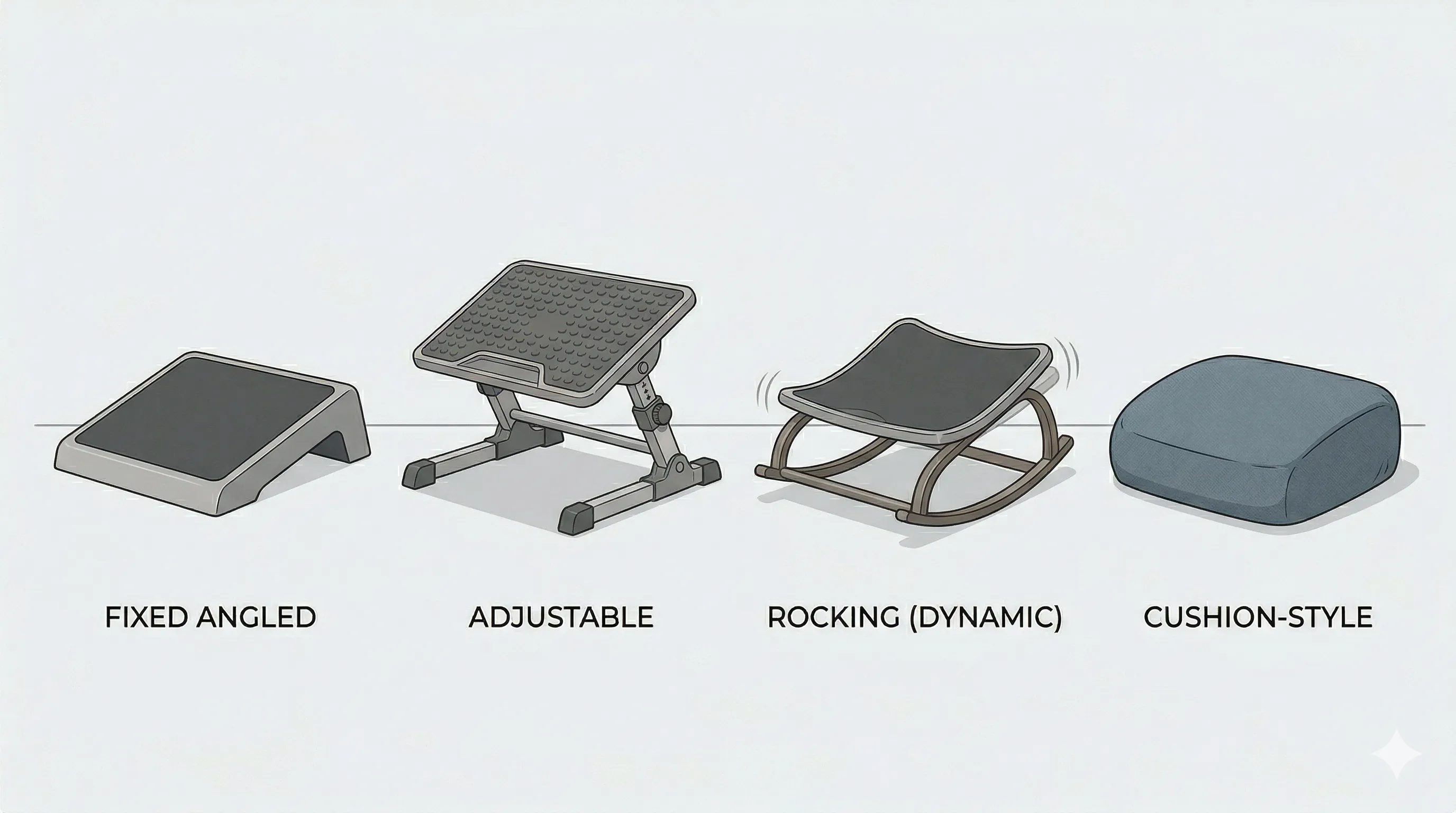 Different types of footrests including angled, rocking, and adjustable platforms