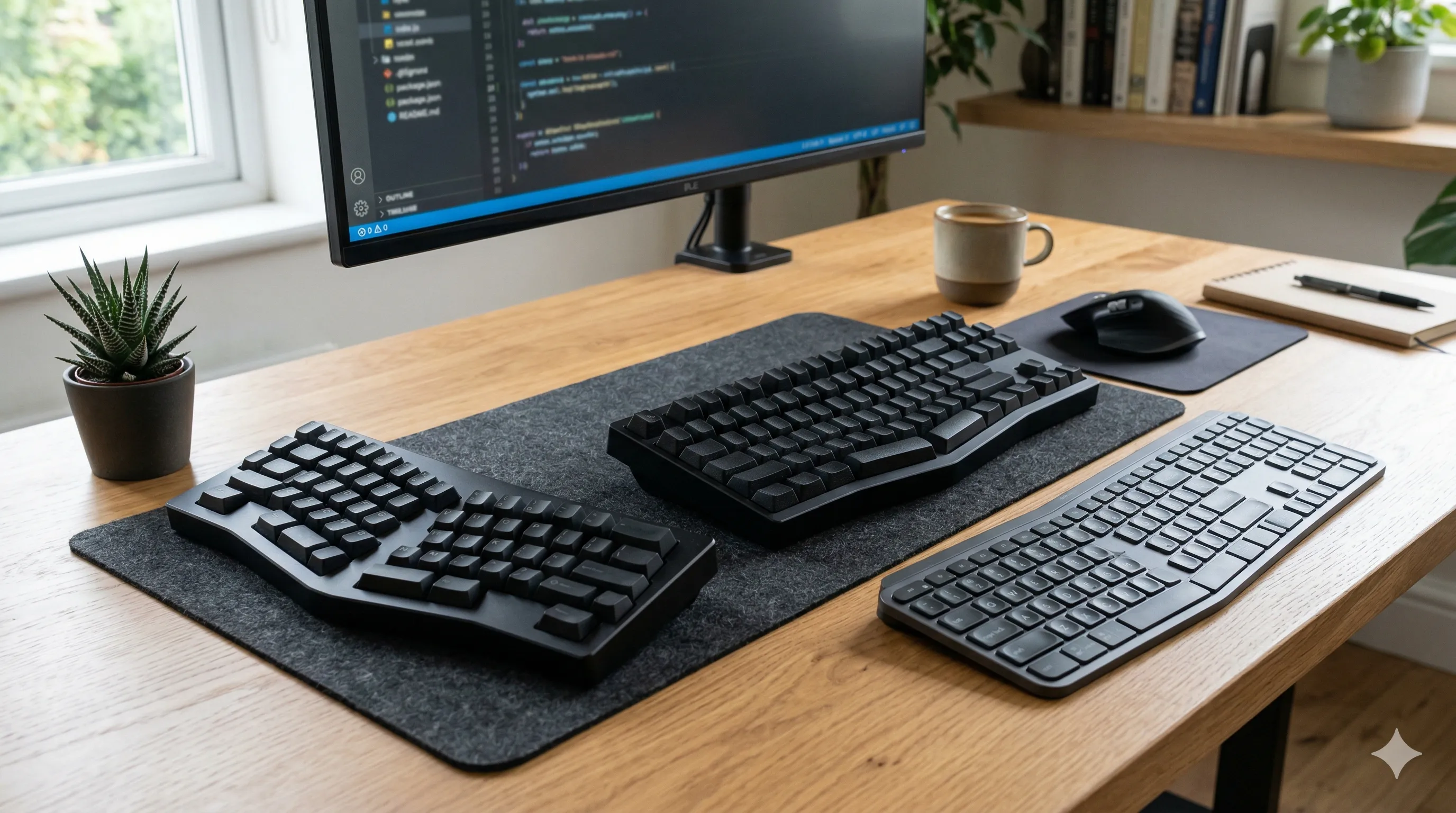 Different ergonomic keyboards on a desk including split, compact, and low-profile designs