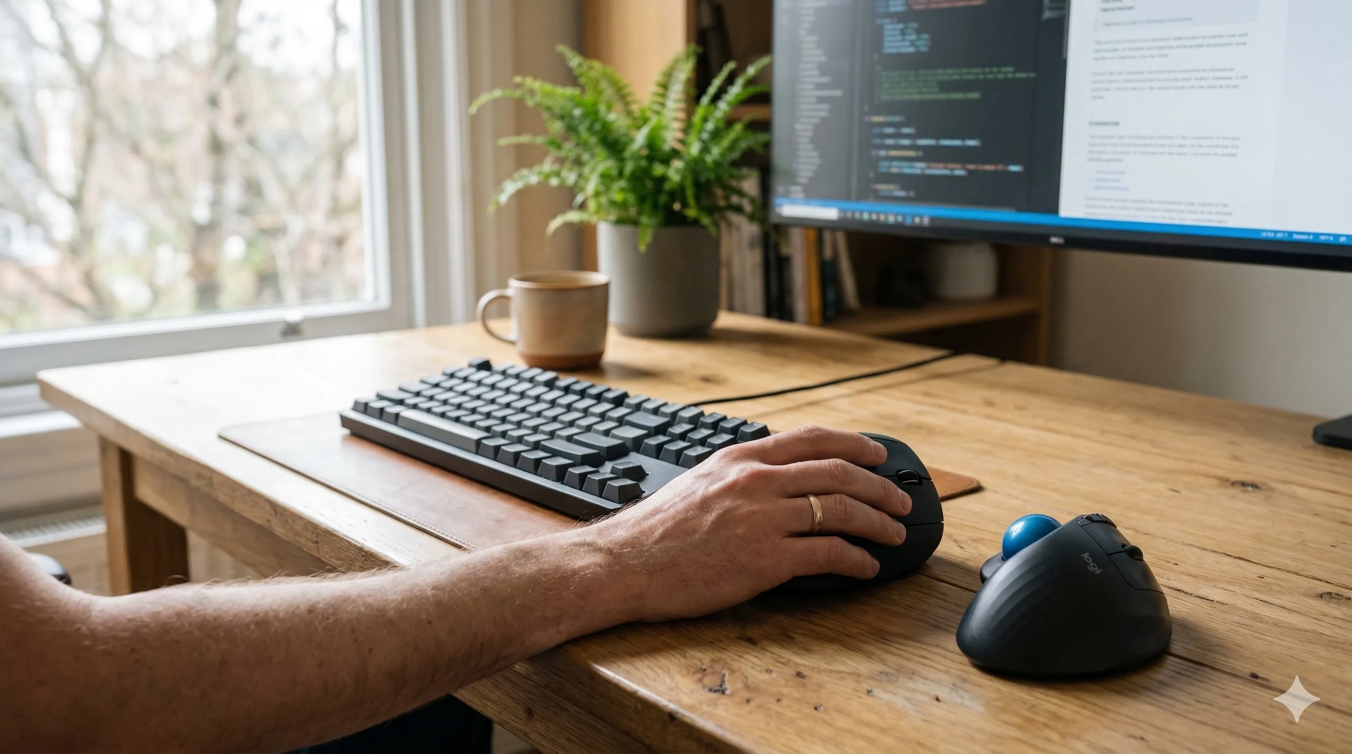 Person using a vertical ergonomic mouse at a desk with a thumb-operated trackball placed beside it