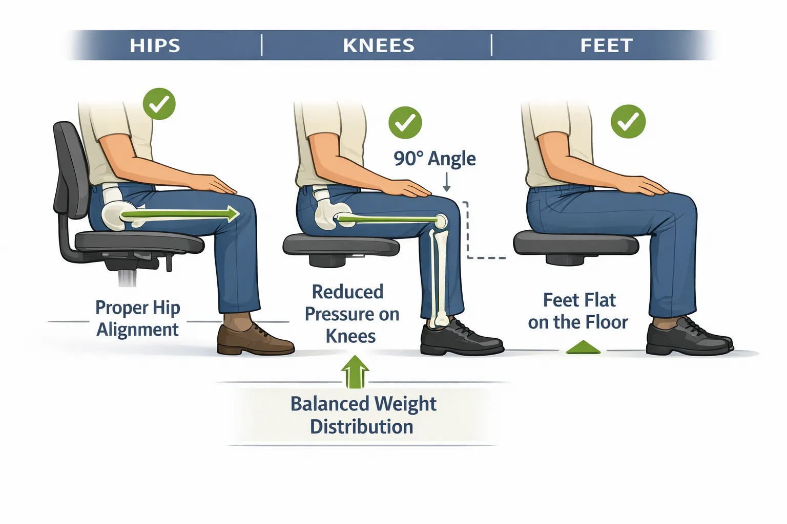 Diagram showing the relationship between hips, knees, and feet while seated.