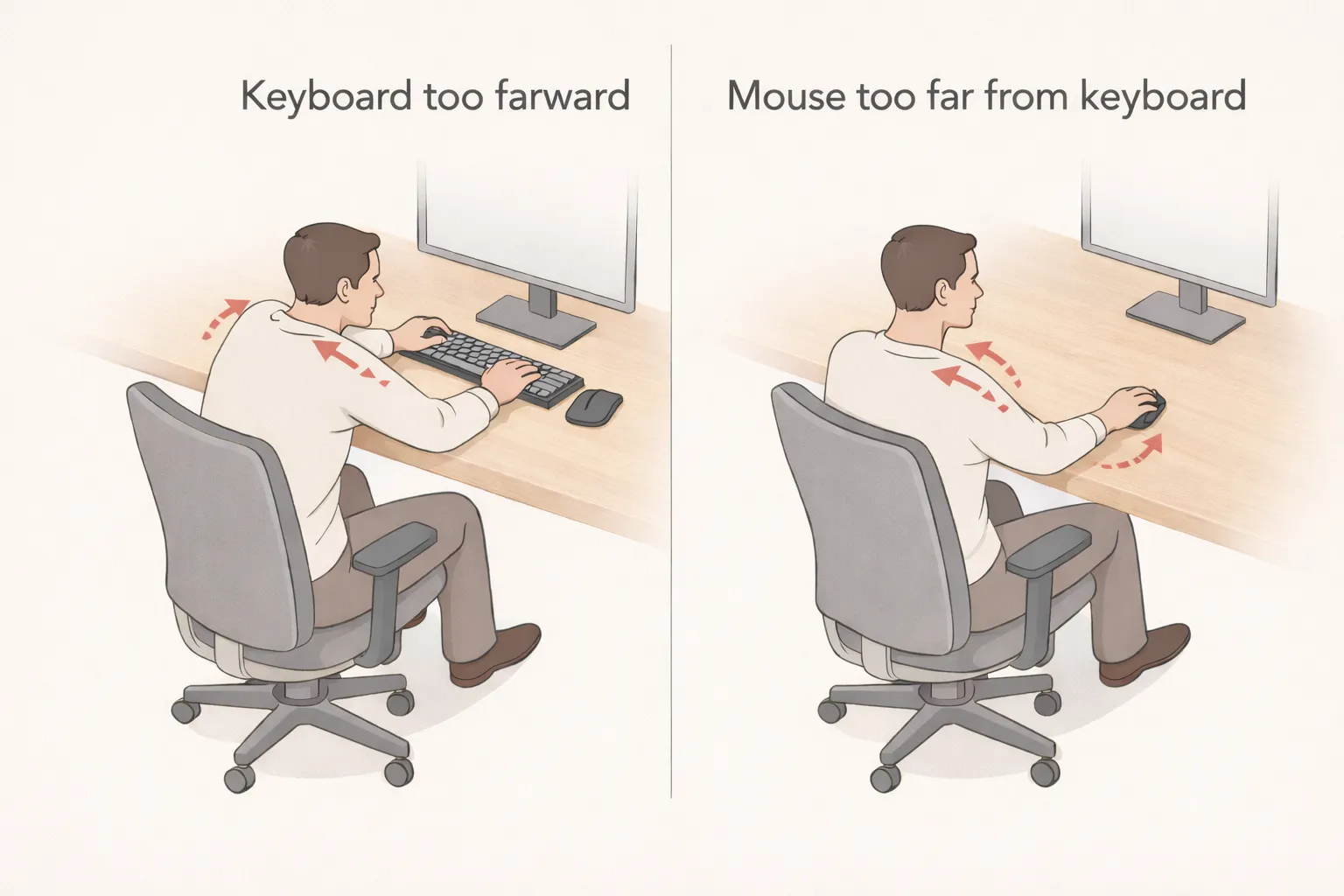 Diagram showing common keyboard and mouse positioning mistakes such as reaching forward, bent wrists, and raised shoulders