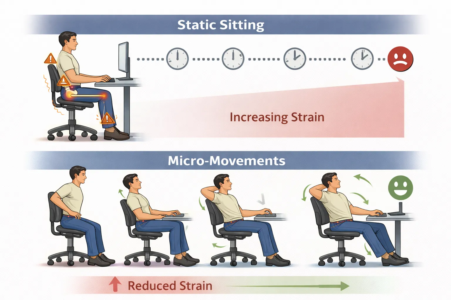 Diagram showing how small posture changes reduce strain over time.