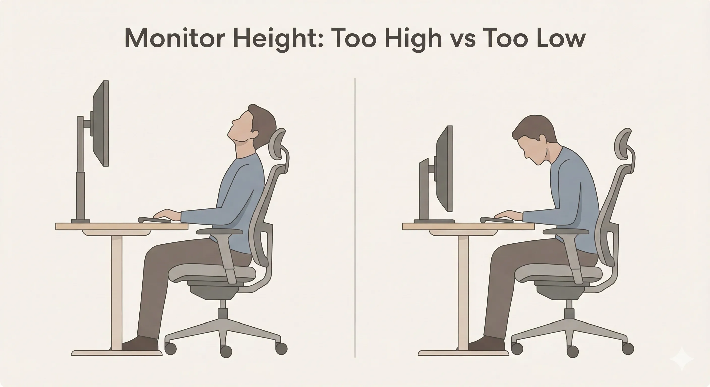 Diagram comparing monitor height set too high versus too low and how each affects neck posture