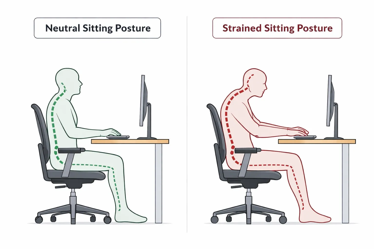 Comparison of neutral sitting posture versus strained sitting posture.