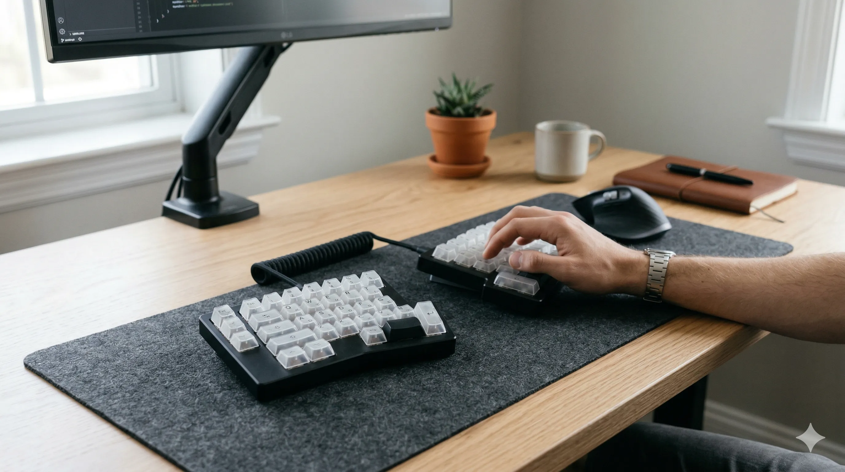 Split ergonomic keyboard with two halves allowing hands to rest at shoulder width
