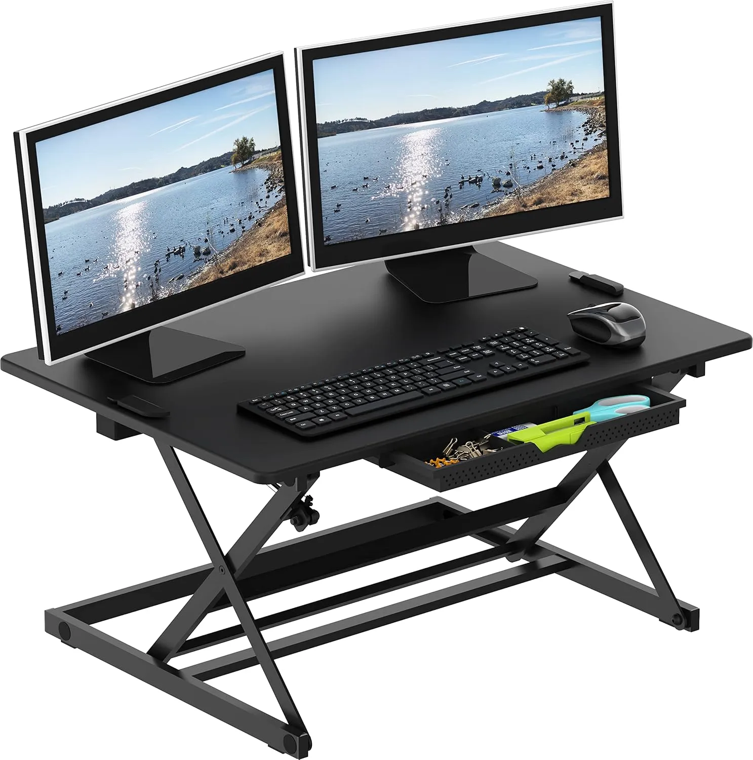 SHW 32-inch adjustable desk converter set up for laptop or single-monitor work
