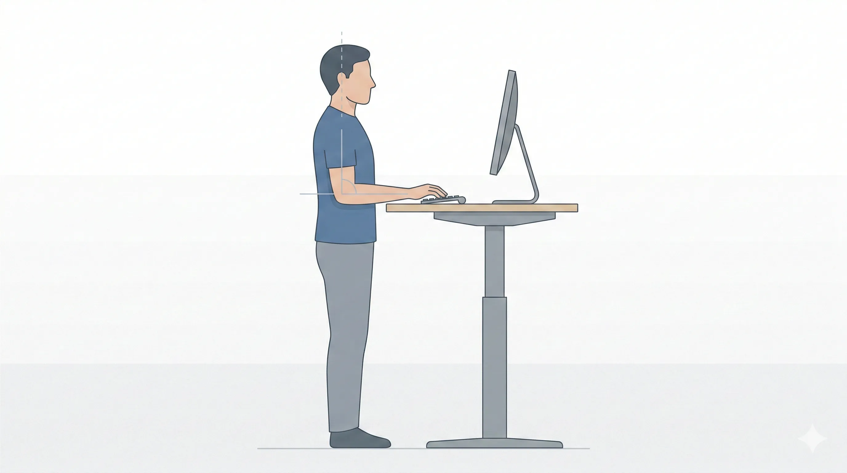 Side view diagram of a person standing at a desk with elbows at about 90 degrees, forearms parallel to the floor, shoulders relaxed, and wrists straight
