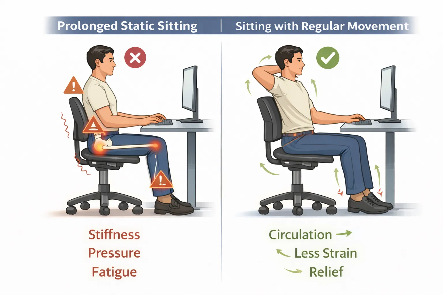 Diagram comparing prolonged static sitting with sitting that includes regular movement.