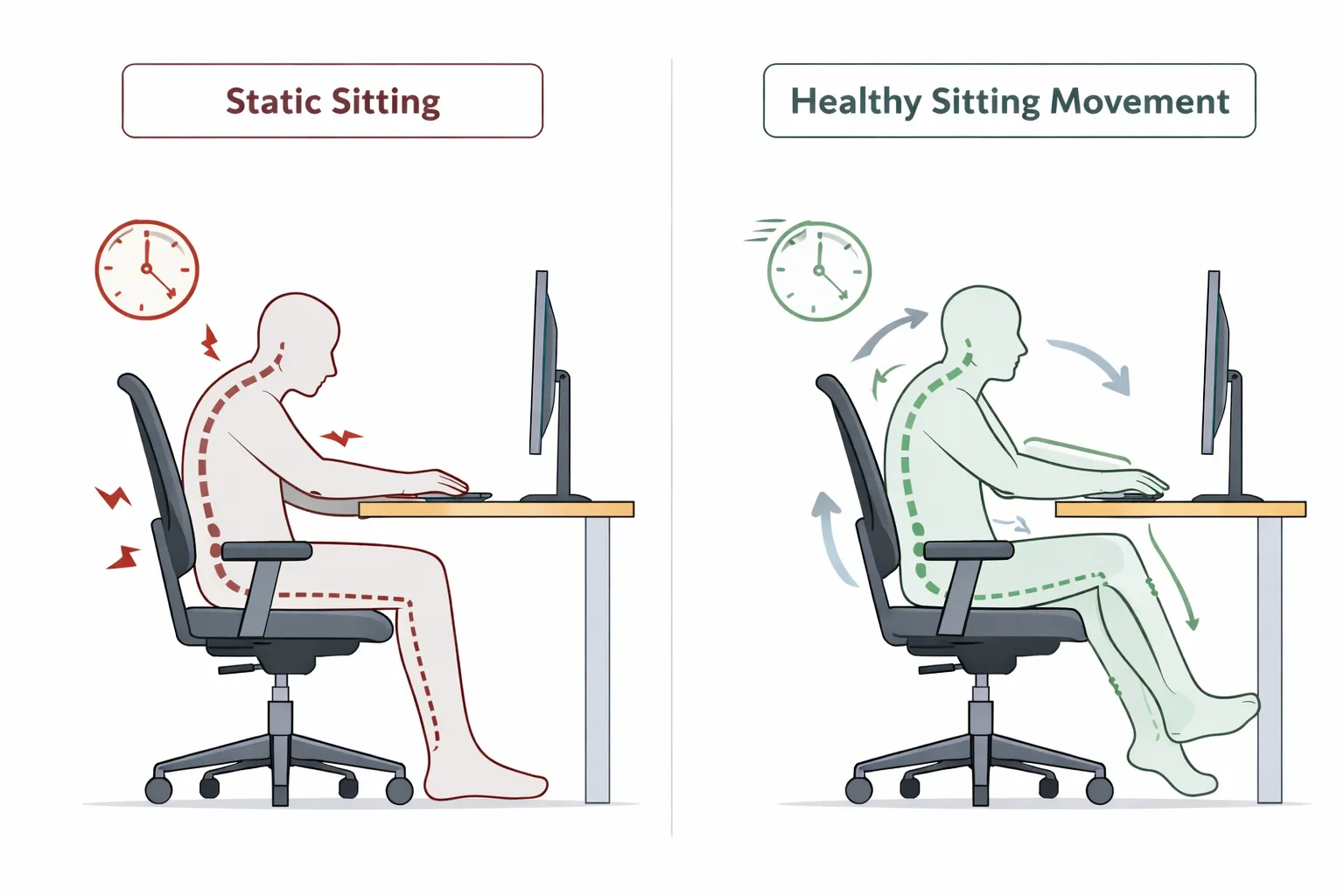 Comparison of static sitting versus healthy sitting movement.