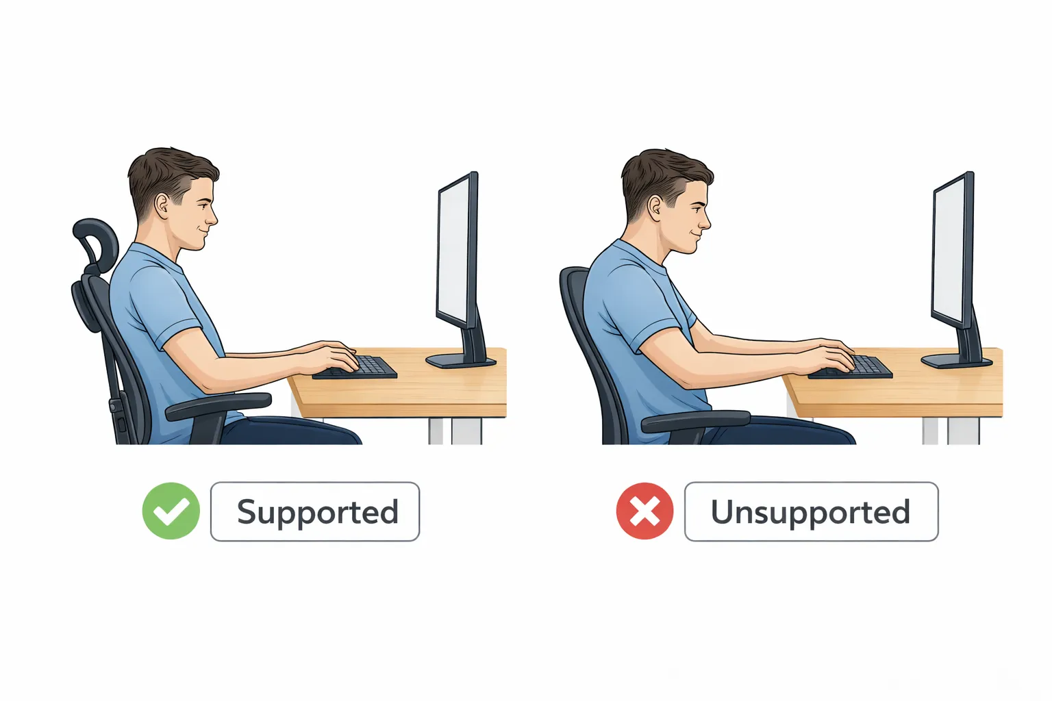 Comparison of working with supported arms versus unsupported arms at a desk.
