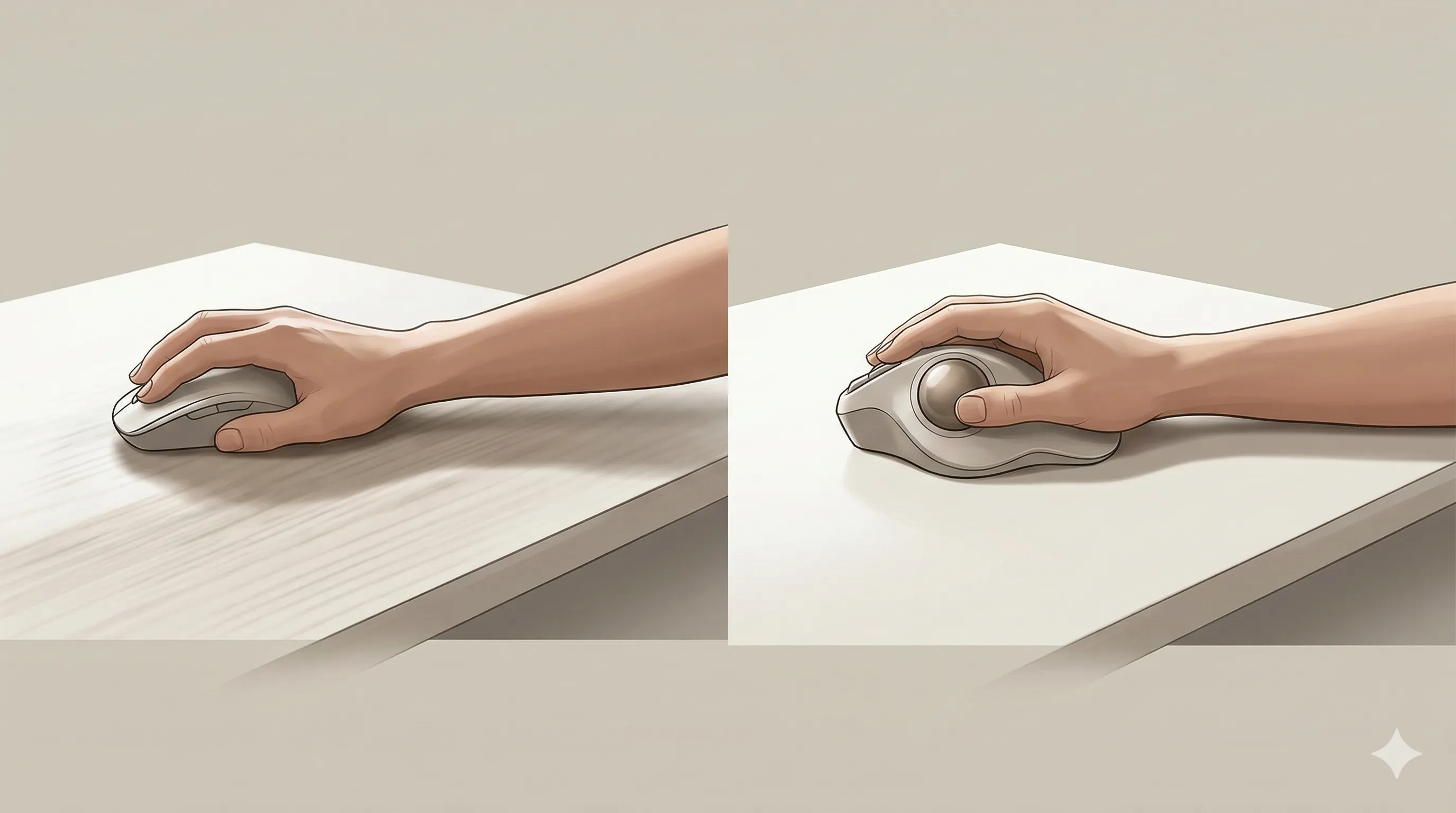 Illustration showing a mouse moving across the desk compared with a stationary trackball controlled by the thumb