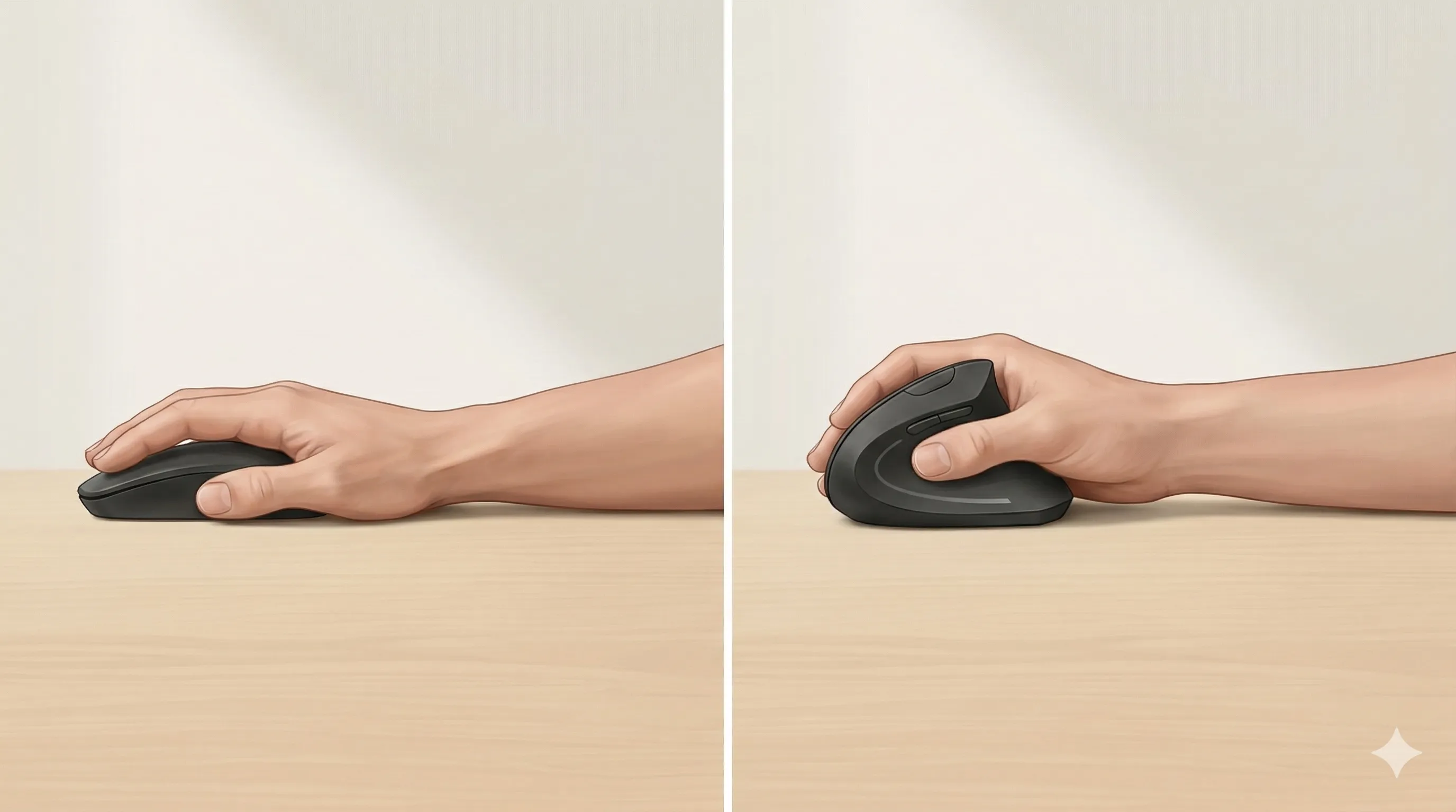 Comparison of hand position on a traditional flat mouse versus a vertical ergonomic mouse showing wrist rotation difference